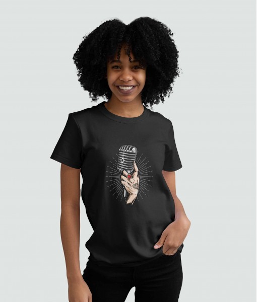 Дамска тениска с щампа Арт Hand holding retro mic - TShirtArtShop.com
